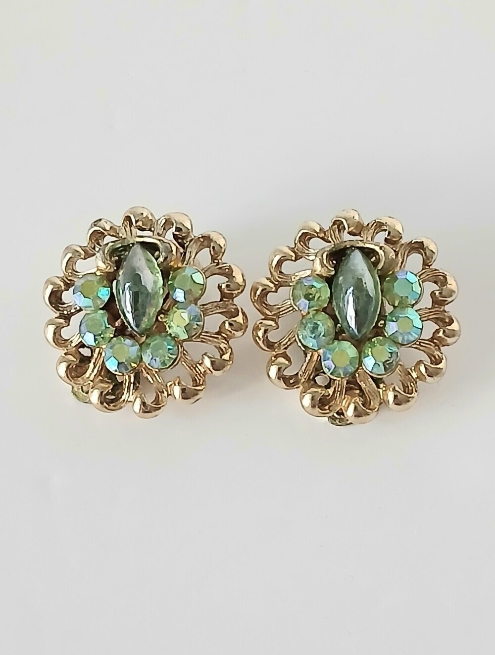 Vtg 60s Gold Cluster Clip-On Earrings with Green and Aurora Borealis Rinestones